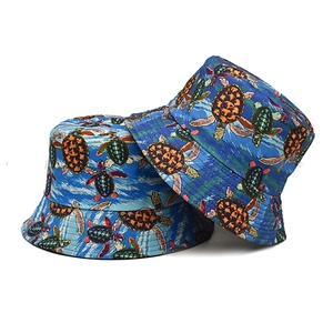 Double-sided sun bucket hat with sea turtle print for summer outdoor travel and beach use