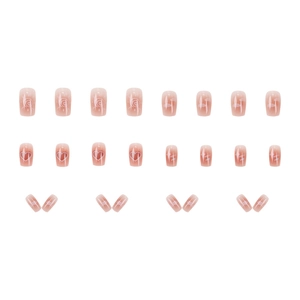 Pink gradient square press-on nails with white swirls and heart patterns, 24 piece set