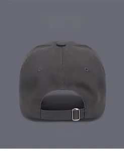 Rear view of a charcoal gray distressed baseball cap with adjustable silver metal buckle