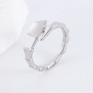 Detailed close-up of a silver stainless steel snake bone ring with irregular geometry