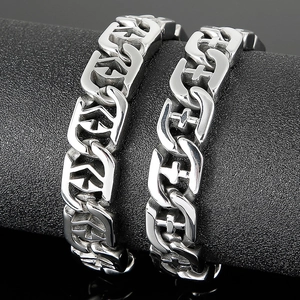 Punk style stainless steel cross and interlocking pattern chain bracelet for men