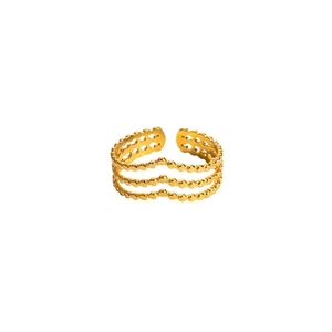 18K gold-plated stainless steel ring with a three-layer beaded wave V-shape design