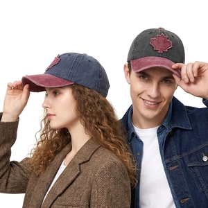 Professional washed denim baseball cap with 3D maple leaf embroidery and curved brim