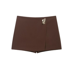 Chic dark brown asymmetric skort with a stylish gold metallic buckle for women