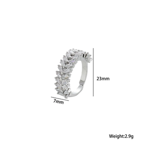Detail view of double row baguette-cut zircon open ring showing 7mm width and 23mm height