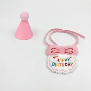 Pink pet birthday party set with embroidered bib and cone hat for cats and dogs