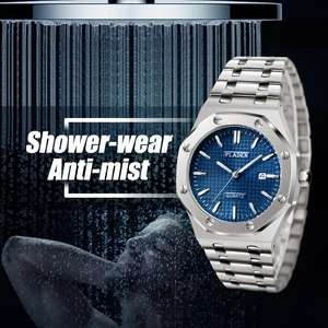 Waterproof stainless steel men's watch with blue waffle dial and octagonal case