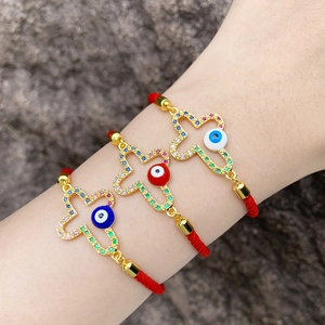 Adjustable Gold Plated Copper Evil Eye Cross Bracelet For Women Multicolor Zirconia Religious Handwoven Red Rope Fashion Jewelry Gift
