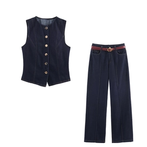 Gilet En Jean Pour Femmes Et Jean Large Décontracté Streetwear Taille Haute Avec Ceinture Rouge Coton Boutonné