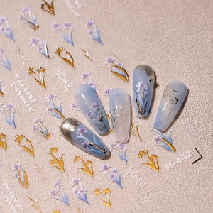 5D stereoscopic floral nail stickers M-442 with blue purple flowers and gold foil accents