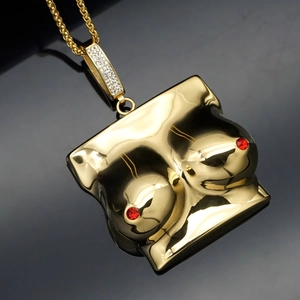 Polished gold hip-hop chest pendant with red gems and diamond bail on a chain