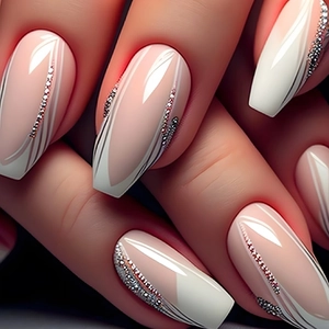 French Style Nude Pink Press On Nails With White Tips And Silver Glitter Lines Coffin Shape Detachable False Nails For Women