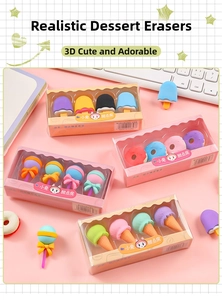 Detailed view of dessert-themed erasers including ice cream and donuts in a clear box
