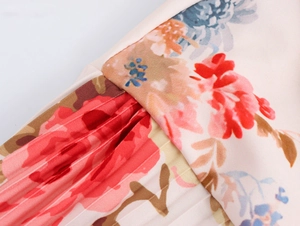 Close-up of floral print pleated fabric on a long-sleeved French romantic maxi dress