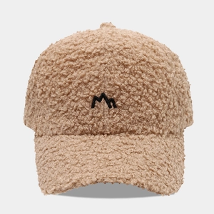 Winter teddy fleece baseball cap in camel with mountain peak embroidery and curved brim