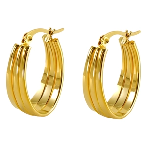 Boucles d'oreilles créoles triple rang en acier inoxydable plaqué or 18 carats poli brillant