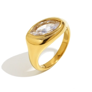Vintage 18K gold plated stainless steel ring with a marquise cut clear zircon stone
