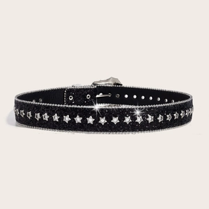 Y2K black glitter belt with silver star studs and metal chain trim for women