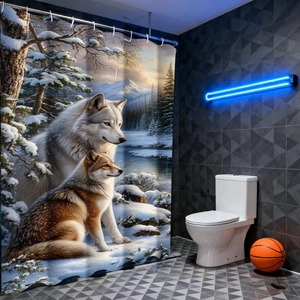 Detail of 3D wolf print shower curtain with high-quality metal eyelets and forest scenery
