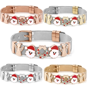 Christmas Stainless Steel Mesh Band Charm Bracelet For Women Santa Claus Angel Wreath Rhinestone Festive Jewelry Gifts