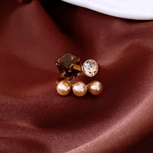 French Court Style Open Adjustable Ring Copper With Champagne Imitation Artificial Pearls And Zircon Geometric Square Crystal Jewelry For Women