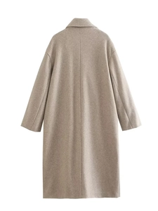 Rear view of a camel long wool coat with clean lines and premium textured finish