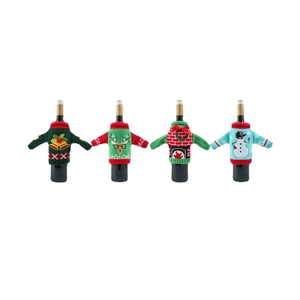 Set of 4 knitted Christmas wine bottle covers with reindeer and snowman designs