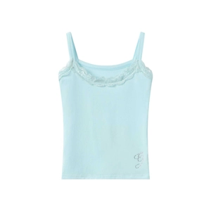 Close-up of light blue lace trim camisole top with silver embroidered G logo detail