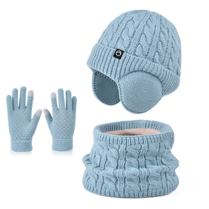 Kids winter set with light blue fleece-lined knit hat, neck warmer and gloves