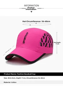 Detail view of pink baseball cap showing 8cm brim depth 11cm and breathable mesh