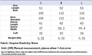 Size chart for women's sequin jacket showing S to L measurements in centimeters