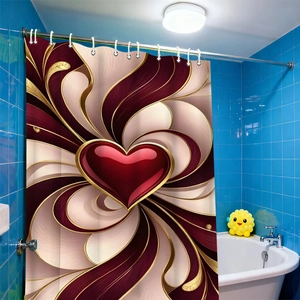 Détail du rideau de douche avec cœur rouge, spirales dorées et crochets blancs en forme de C