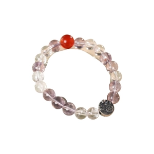 Crystal beaded bracelet with purple amethyst beads, red agate, and silver Fu pendant