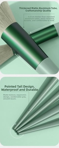 Macro detail of dense synthetic bristles and matte green aluminum ferrules on brushes