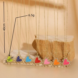 Colorful oil-drip heart pendant necklaces with zircons and 40cm golden link chain