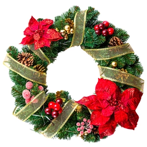 Close-up of Christmas wreath with red poinsettia, gold ribbons, and natural pine cones