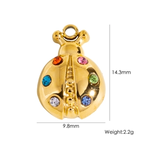 Detailed size chart of ladybug pendant showing 14.3mm height and 9.8mm width dimensions