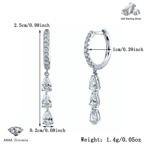 Detailed dimensions of 925 sterling silver drop earrings with AAA zircon measurements