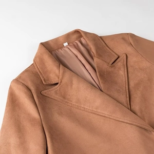 British style brown suede double-breasted long coat with classic suit collar