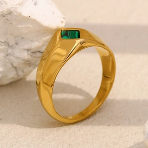 Minimalist 18K gold plated stainless steel ring with rectangular green malachite gemstone