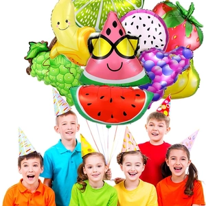 Colorful fruit foil balloons including watermelon and strawberry for birthday party decor