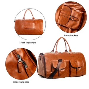 Sac de voyage en cuir marron avec sangle pour bagage et bandoulière amovible