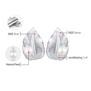 Detailed view of S925 sterling silver leaf earrings with natural pearls and sandblasting finish