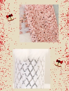 Detail of pink sequins and silver diamond mesh fabric with white faux fur trim