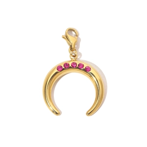 Detail of gold moon pendant with five pink zircons and lobster clasp connector