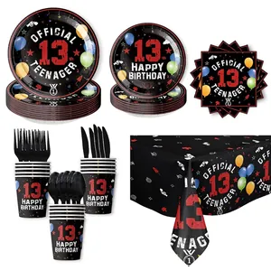 Official 13th birthday party supplies set with black plates, cups, and colorful decorations