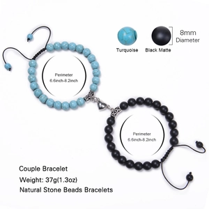 Magnetic heart couple bracelets with 8mm turquoise and matte black natural stone beads