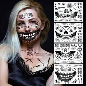 Detailed view of 3 Halloween skeleton mouth and pumpkin waterproof temporary tattoos