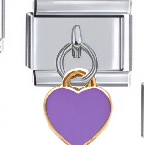 Macro detail of silver square link charm with a gold-bordered purple heart pendant
