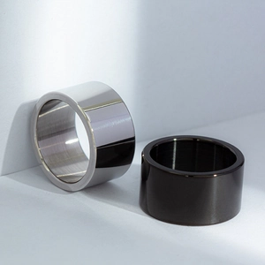 Minimalist 12mm wide stainless steel rings in polished silver and matte black for men